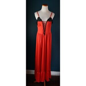 Vintage Formfit Rogers Red Lace Corset Maxi Slip Night Gown Vampy Whimsigoth M